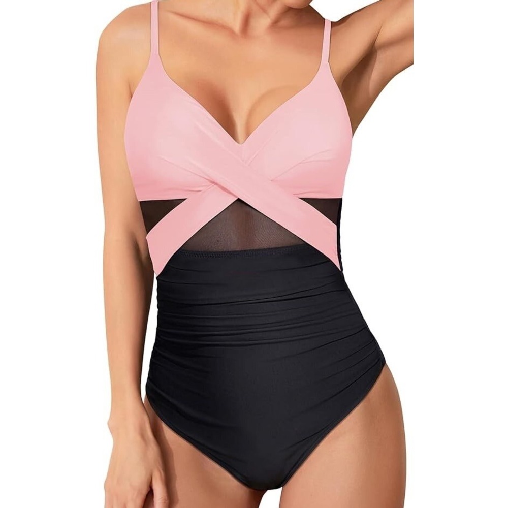 NWT Women's Tempt‎ Me 1 Piece Tummy Control Swimsuit Pink & Black w/ Mesh Large
